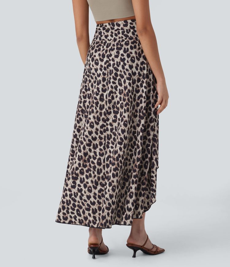 High Waisted Invisible Zipper High Low Ruffle Leopard Print Midi Flowy 2 Piece Resort Skirt