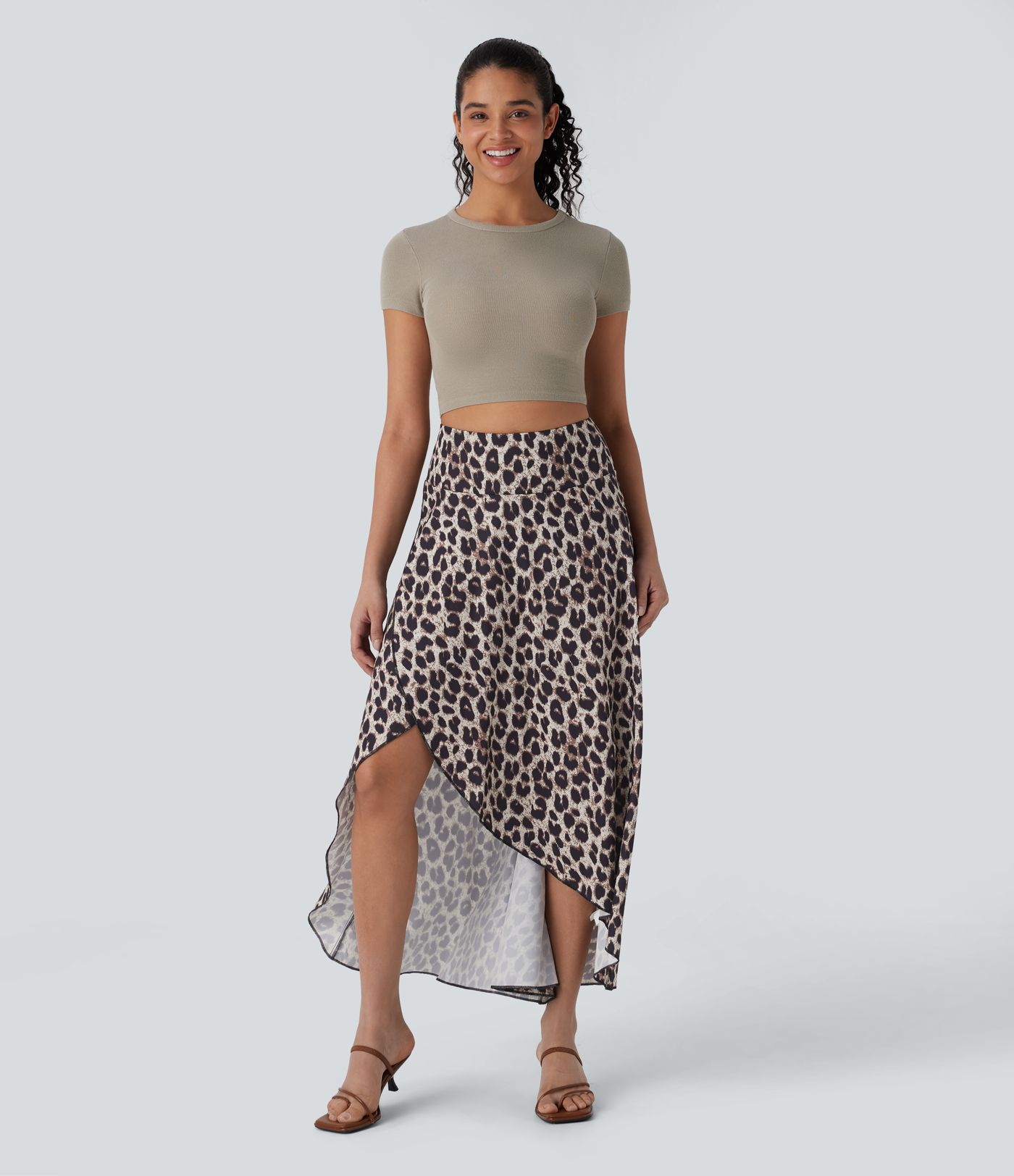 High Waisted Invisible Zipper High Low Ruffle Leopard Print Midi Flowy 2 Piece Resort Skirt