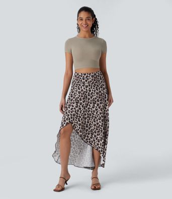 High Waisted Invisible Zipper High Low Ruffle Leopard Print Midi Flowy 2 Piece Resort Skirt