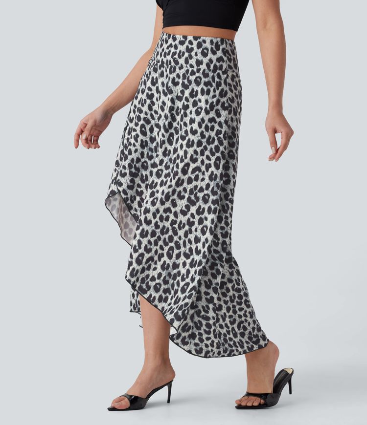 High Waisted High Low Ruffle Leopard Print Midi Flowy 2 Piece Skirt