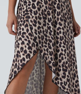 High Waisted Invisible Zipper High Low Ruffle Leopard Print Midi Flowy 2 Piece Resort Skirt