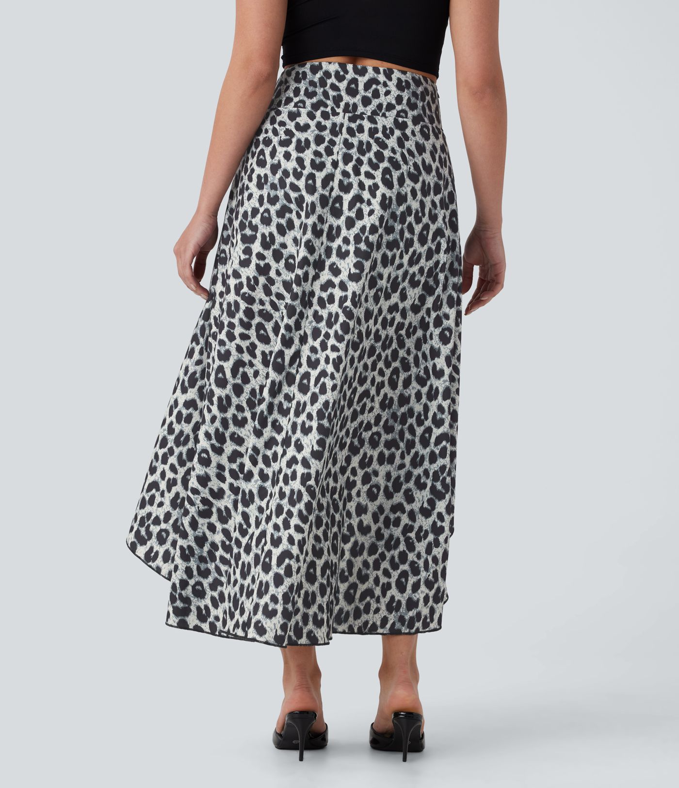 High Waisted High Low Ruffle Leopard Print Midi Flowy 2 Piece Skirt