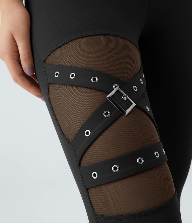 DayStretch High Waisted Crossover Contrast Mesh Decorative Buckle Yoga Leggings
