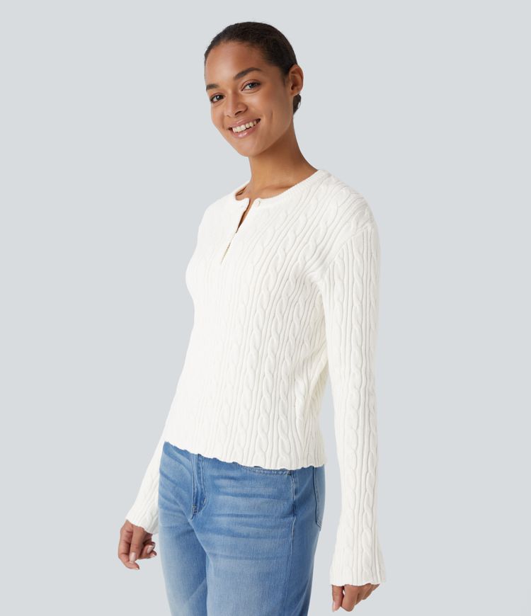 Round Neck Front Long Sleeve Casual Sweater