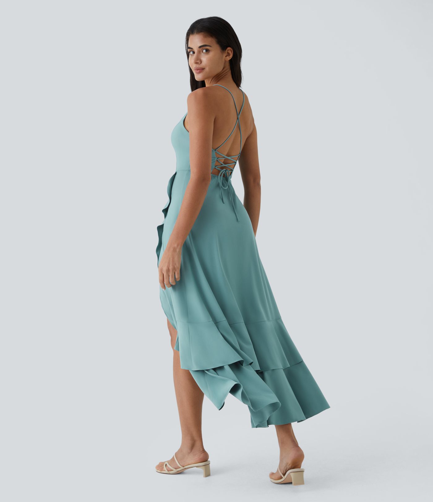 Breezeful™ Lace Up Side Zipper Ruffle Hem Maxi Quick Dry Casual Dress