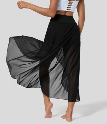 Висока талия Висок-нисък волан 2-в-1 джоб разкроен мрежест casual regular макси пола