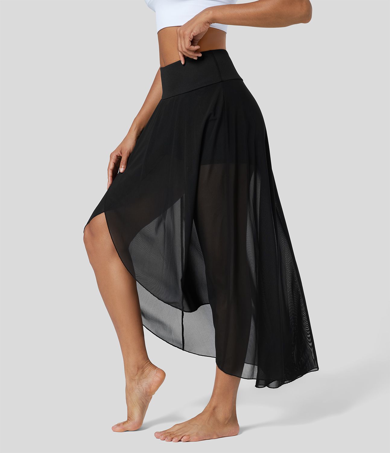 Висока талия Висок-нисък волан 2-в-1 джоб разкроен мрежест casual regular макси пола