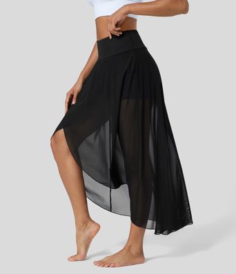 Висока талия Висок-нисък волан 2-в-1 джоб разкроен мрежест casual regular макси пола