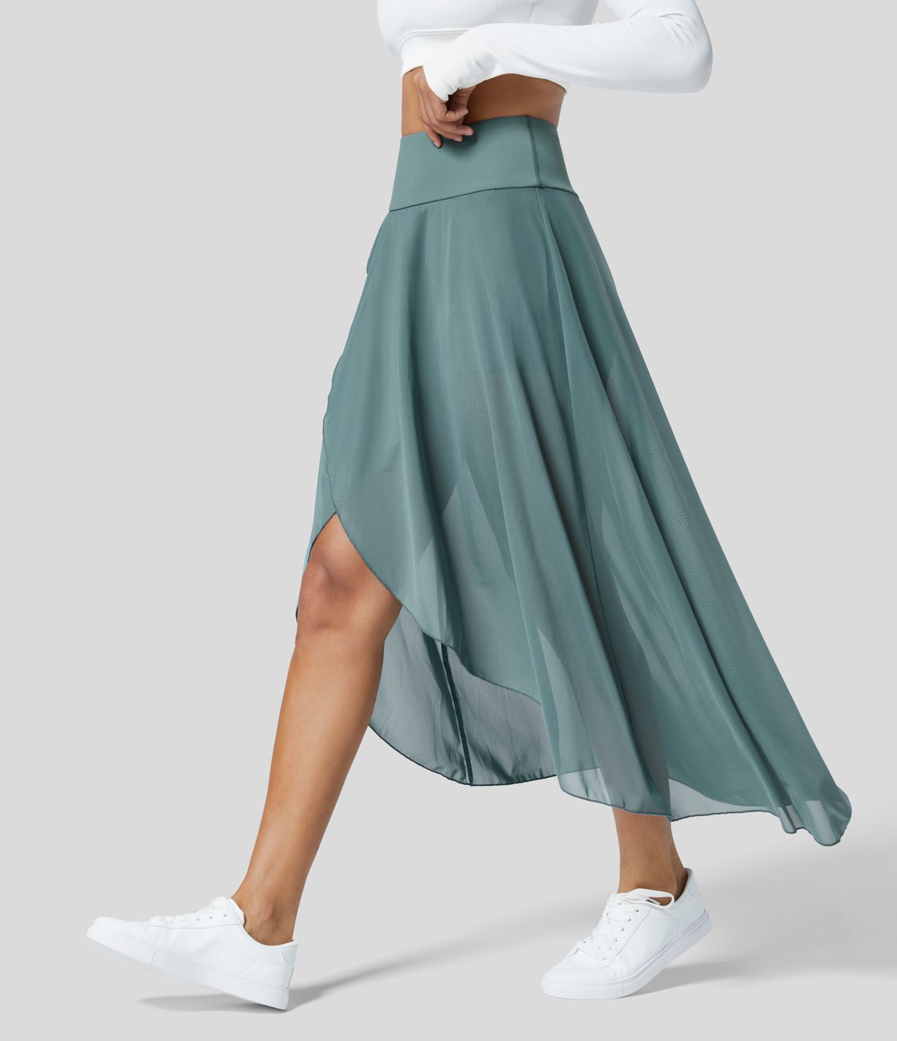 High Waisted High Low Ruffle 2-in-1 Pocket Flare Mesh Casual Regular Maxi Skirt
