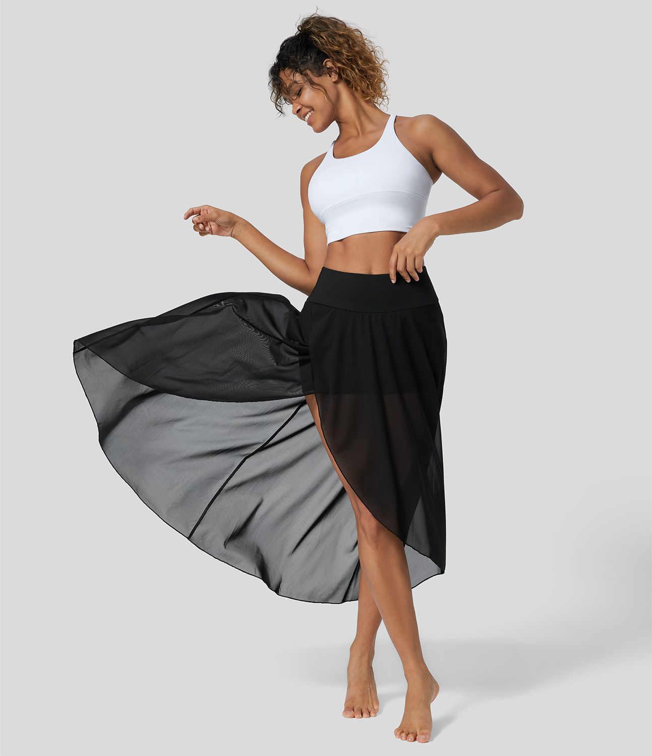 Висока талия Висок-нисък волан 2-в-1 джоб разкроен мрежест casual regular макси пола