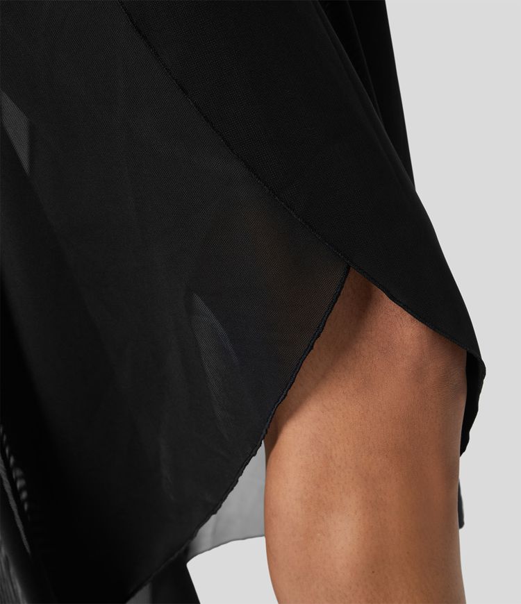 Висока талия Висок-нисък волан 2-в-1 джоб разкроен мрежест casual regular макси пола