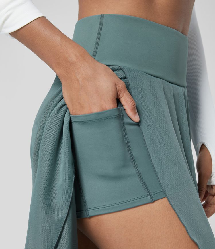 High Waisted High Low Ruffle 2-in-1 Pocket Flare Mesh Casual Regular Maxi Skirt