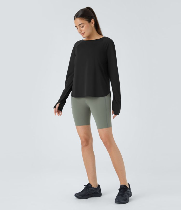 Round neck raglan sleeve with thumb hole curve split hem outdoor sports top