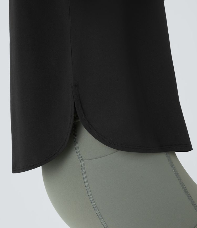 Round neck raglan sleeve with thumb hole curve split hem outdoor sports top