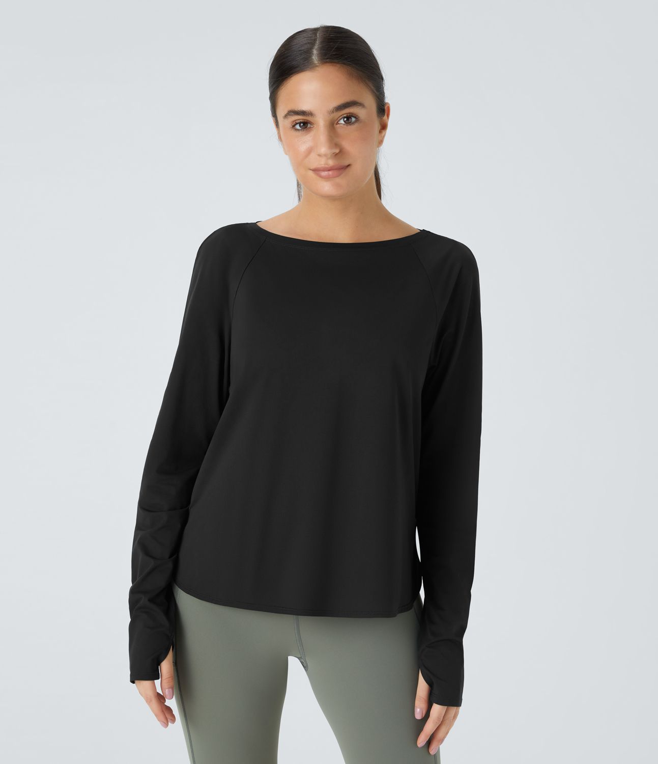 Round neck raglan sleeve with thumb hole curve split hem outdoor sports top