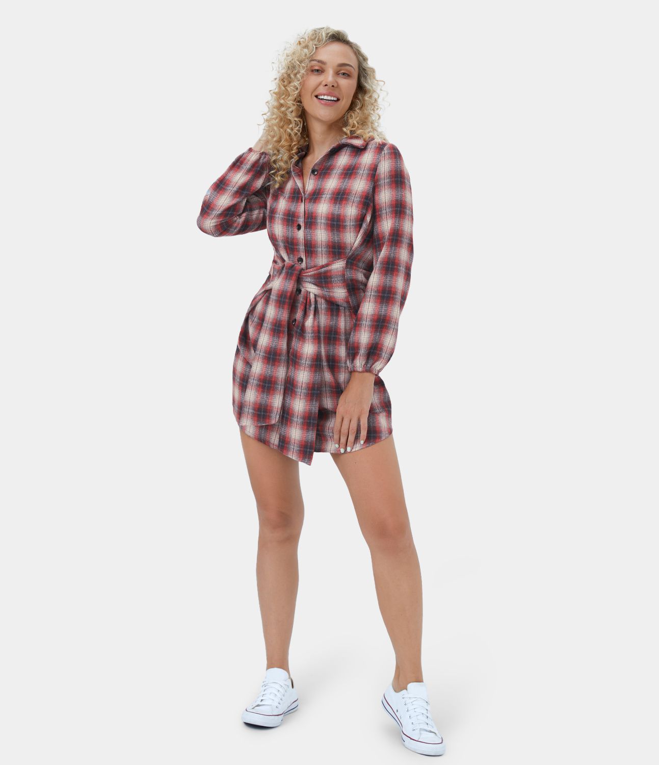 Tie Front Long Sleeve Plaid Mini Casual Dress