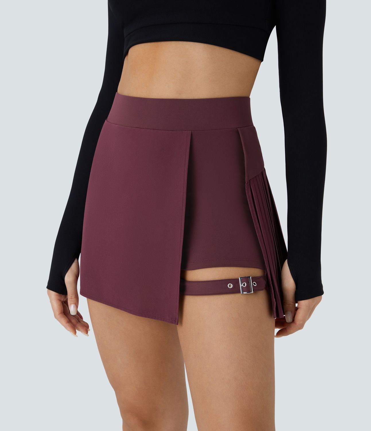 Breezeful™ 하이웨이스트 대비되는 주름 장식  2-in-1 사이드 포켓 조절 가능한 버클 미니 퀵 드라이 캐주얼 스커트