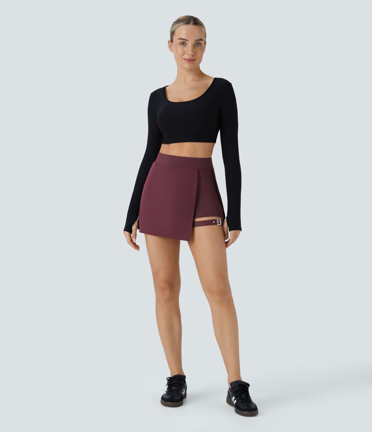 Breezeful™ 하이웨이스트 대비되는 주름 장식  2-in-1 사이드 포켓 조절 가능한 버클 미니 퀵 드라이 캐주얼 스커트