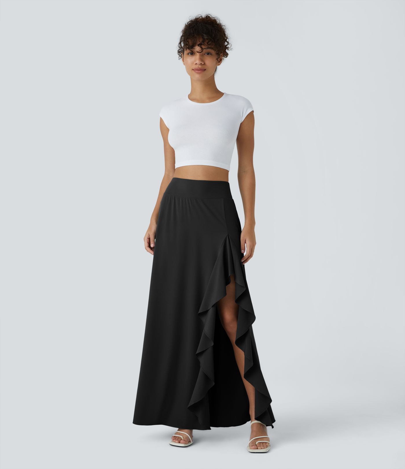 Breezeful™ High Waisted Asymmetric Ruffle Trim Hem 2-in-1 Maxi Quick Dry Casual Skirt