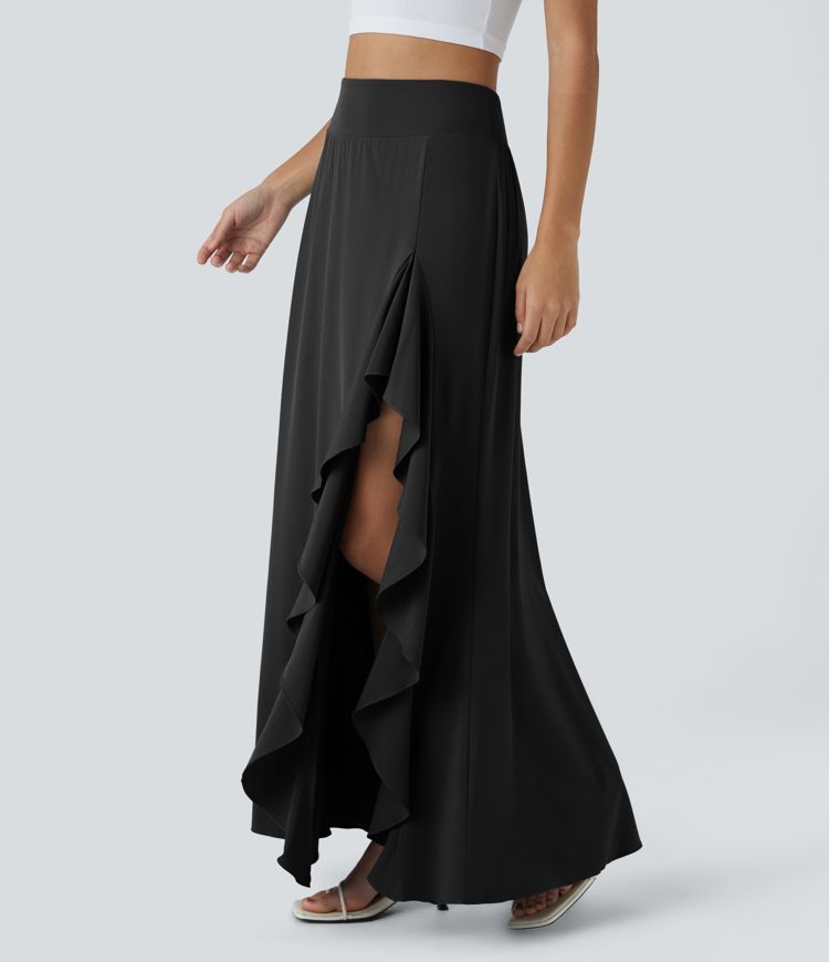 Breezeful™ High Waisted Asymmetric Ruffle Trim Split Hem 2-in-1 Maxi Quick Dry Casual Skirt
