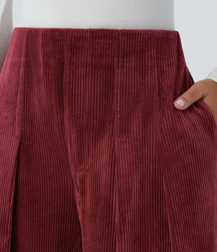 Pantalon palazzo décontracté en velours côtelé taille haute à plis avec poches multiples