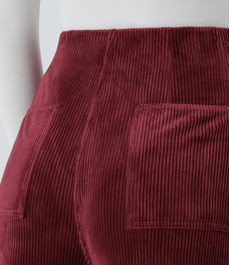 Pantalon palazzo décontracté en velours côtelé taille haute à plis avec poches multiples
