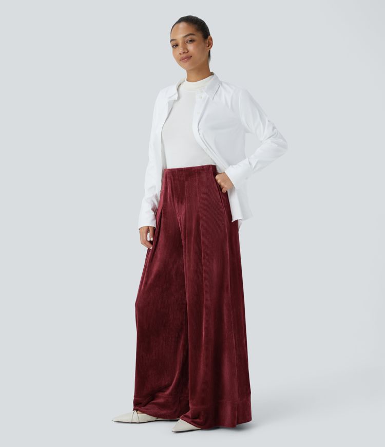 Pantalon palazzo décontracté en velours côtelé taille haute à plis avec poches multiples
