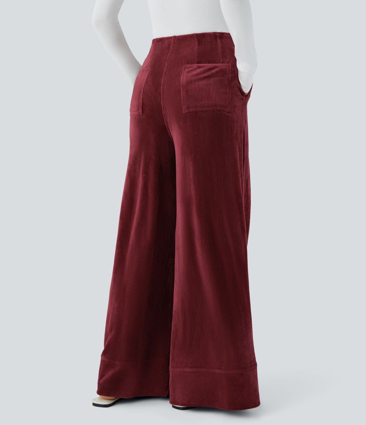 Pantalon palazzo décontracté en velours côtelé taille haute à plis avec poches multiples