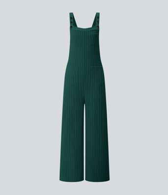 Ribbed Knit Pockets Casual Overalls