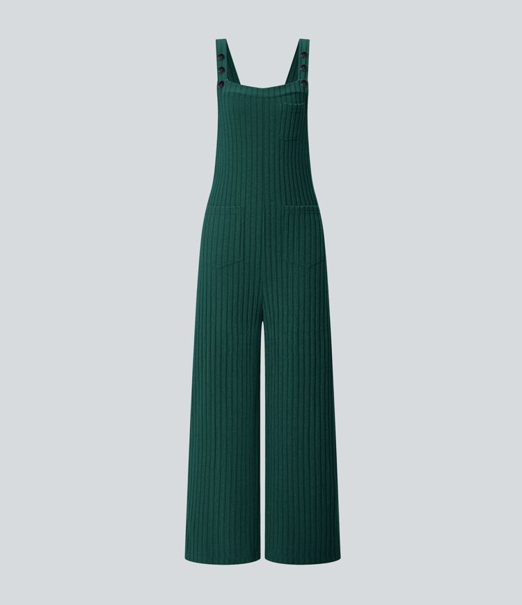 Ribbed Knit Pockets Casual Overalls