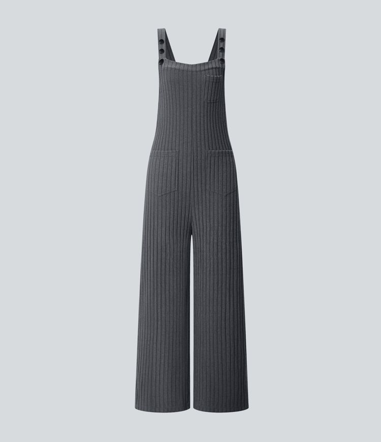 Ribbed Knit Pockets Casual Overalls