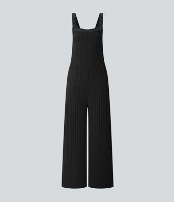 Ribbed Knit Pockets Casual Overalls