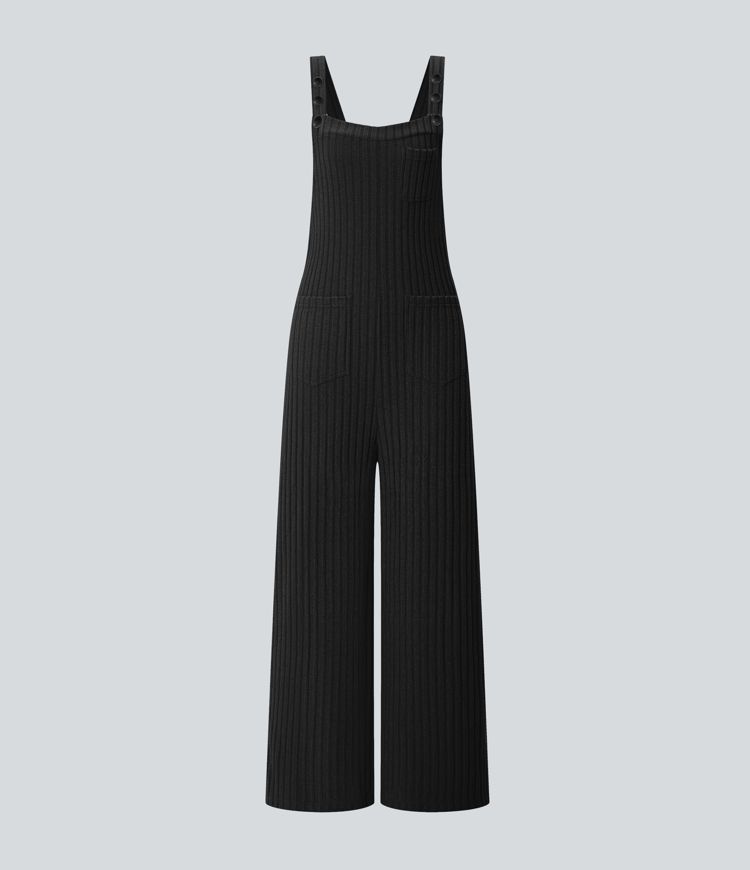 Ribbed Knit Pockets Casual Overalls