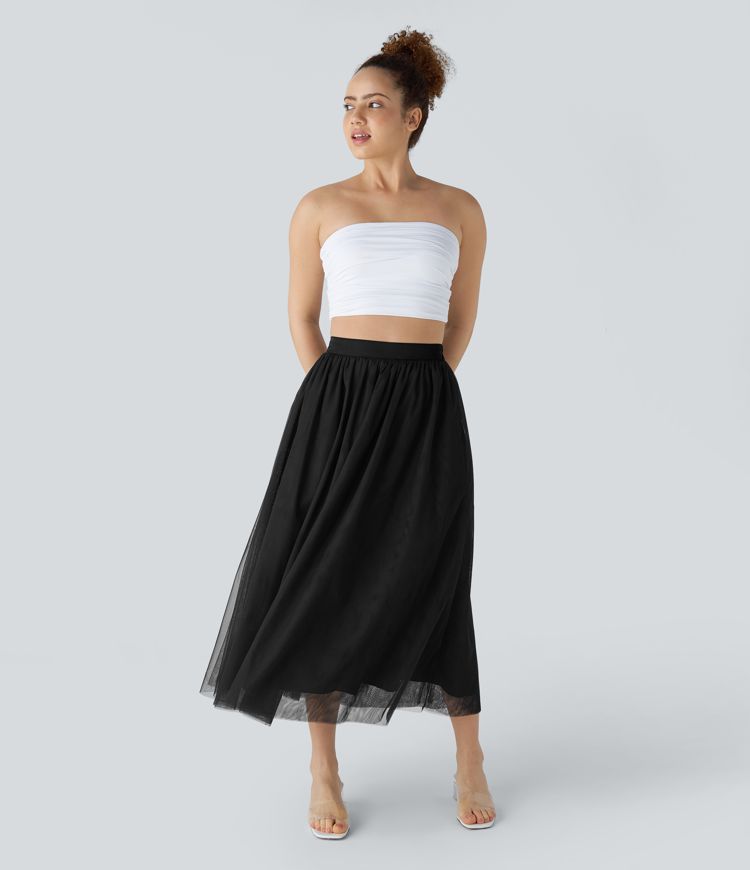 High Waisted Mesh Overlay Flowy Flare Midi Casual Skirt