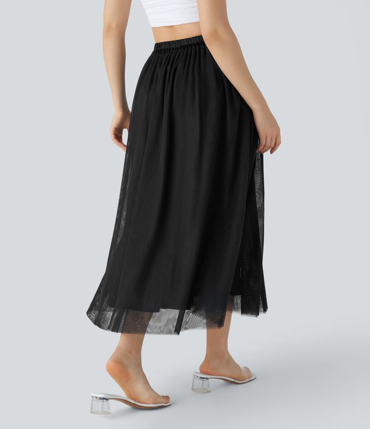 High Waisted Mesh Overlay Flowy Flare Midi Casual Skirt