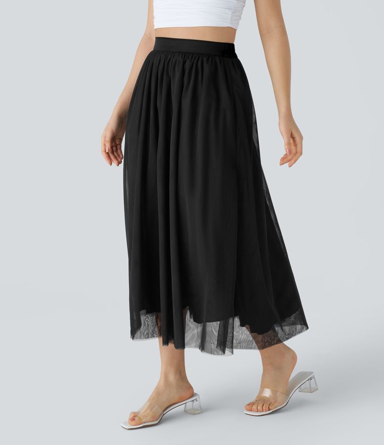 High Waisted Mesh Overlay Flowy Flare Midi Casual Skirt