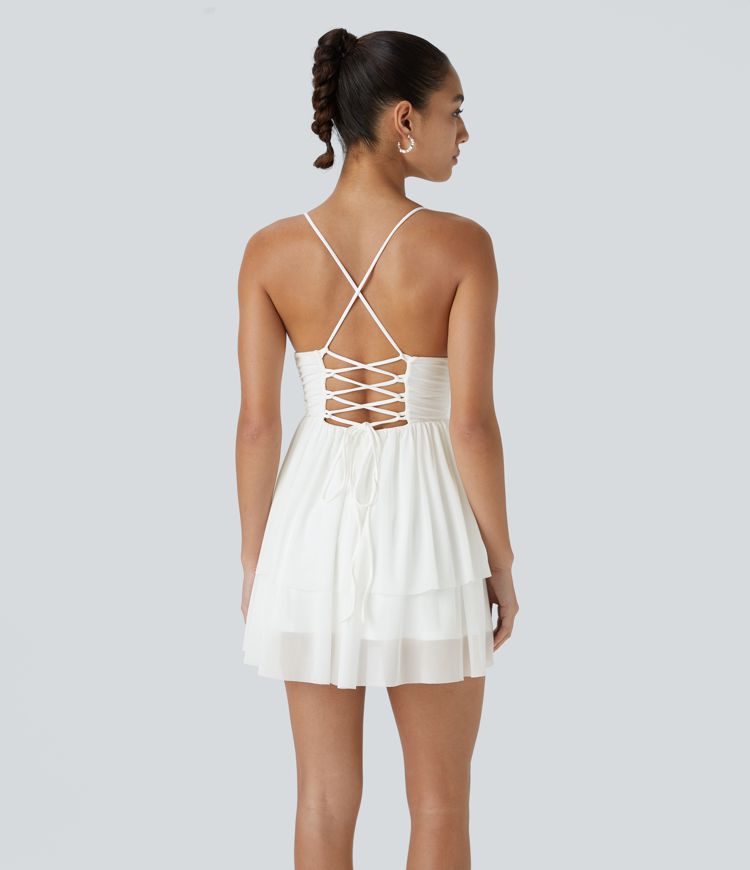 Backless Crisscross Lace Up Mesh Layered Mini Party Dress