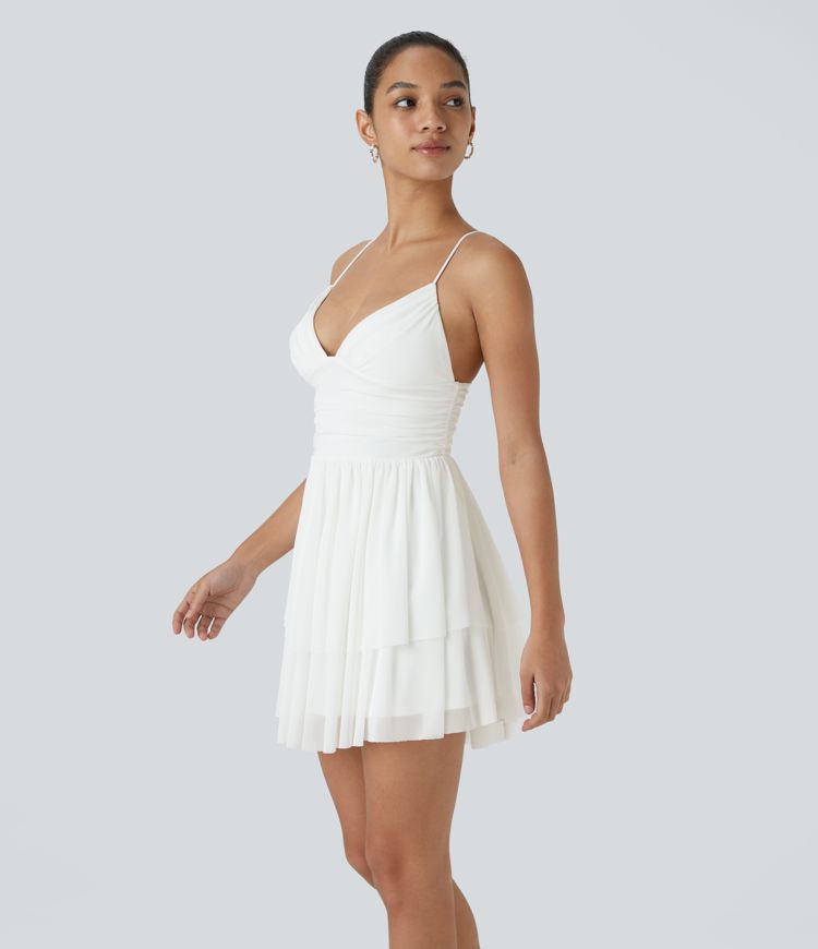 Backless Crisscross Lace Up Mesh Layered Mini Party Dress