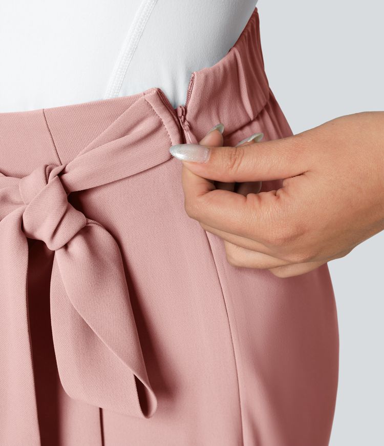 High Waisted Tie Side Wide Leg Work Pants