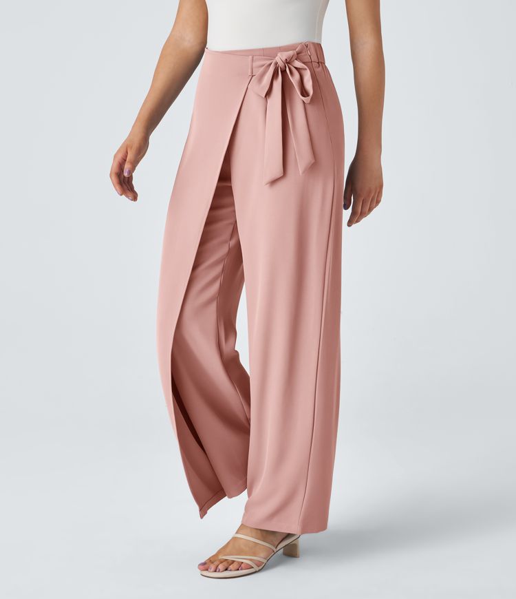 High Waisted Tie Side Wide Leg Work Pants