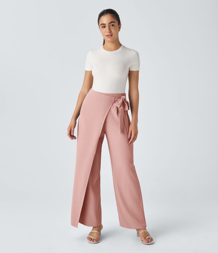 High Waisted Tie Side Wide Leg Work Pants