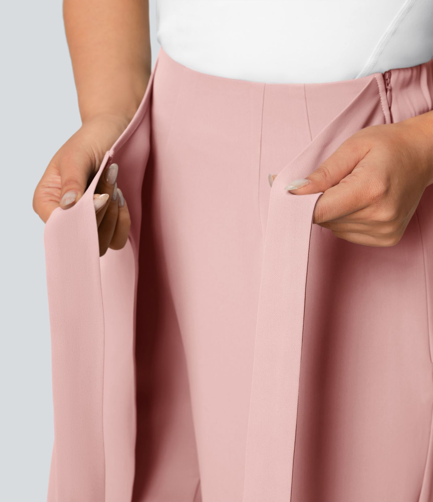 Pantalón oficina pierna ancha cremallera invisible tiro alto lazo lateral