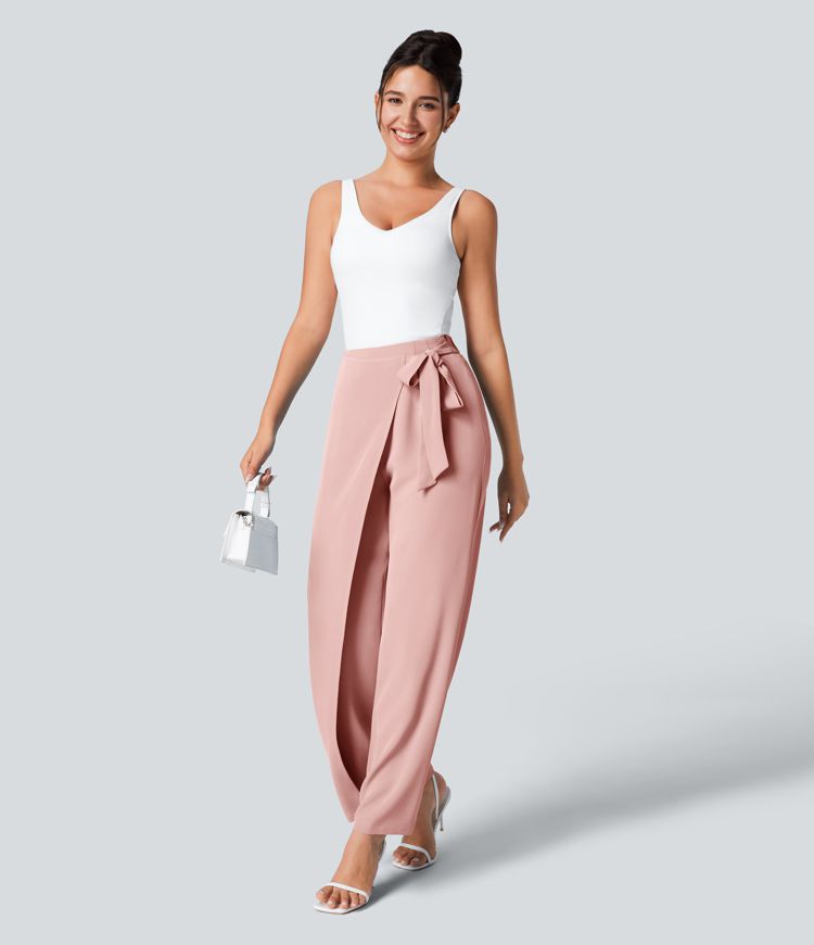 High Waisted Tie Side Wide Leg Work Pants
