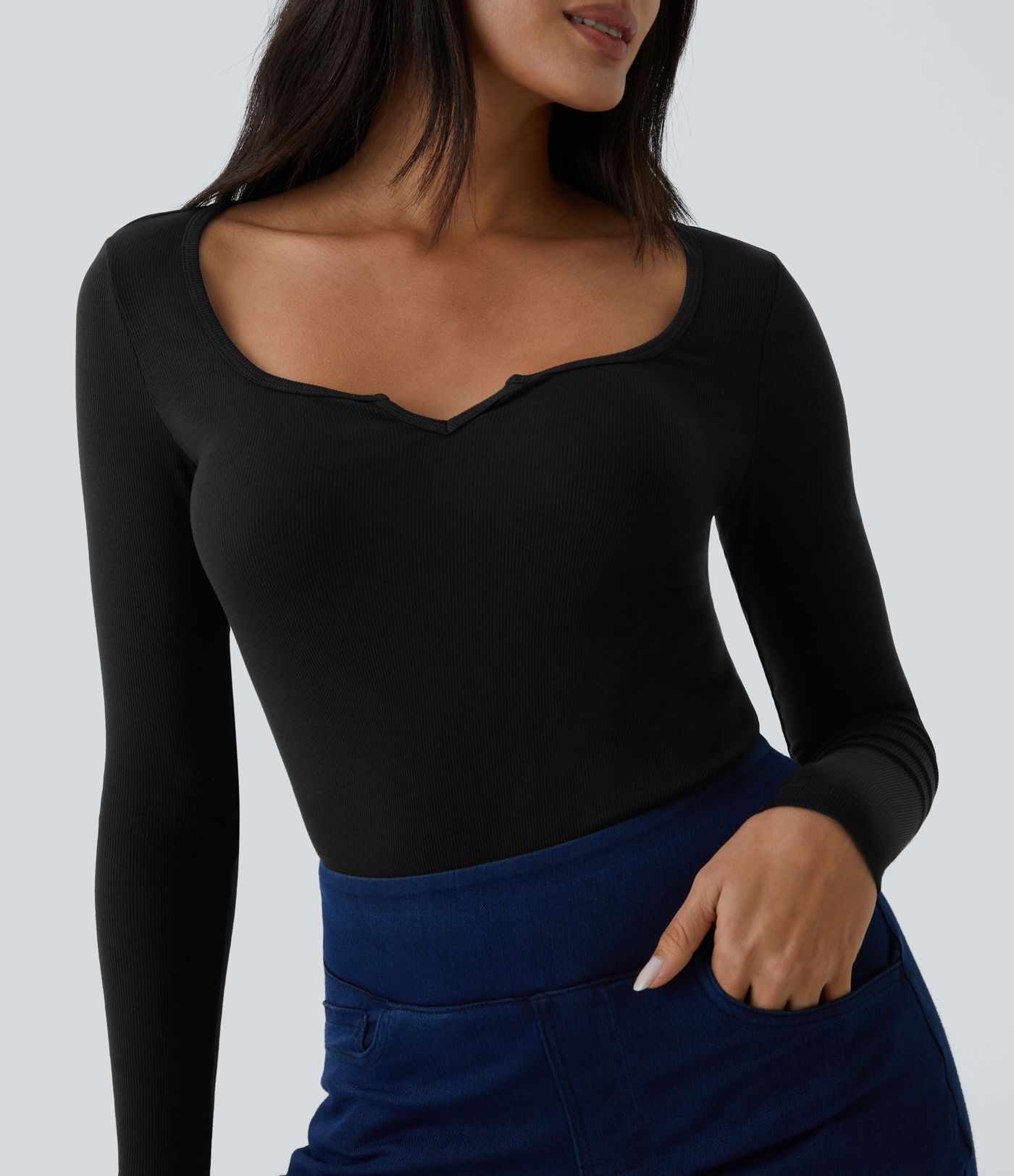 Ribbed Notched Scoop Neck Long Sleeve Slim Casual Top
