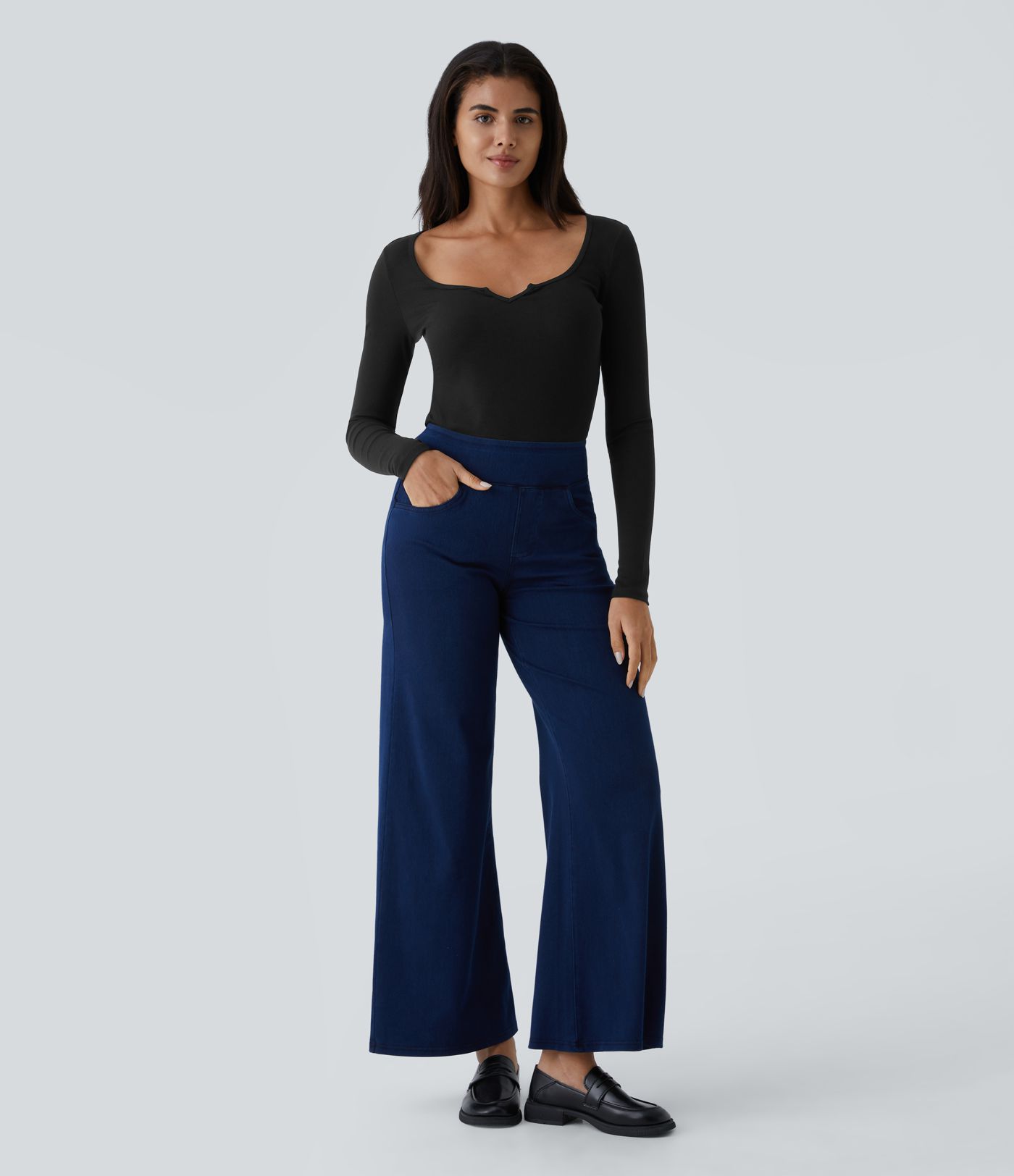 Ribbed Notched Scoop Neck Long Sleeve Slim Casual Top