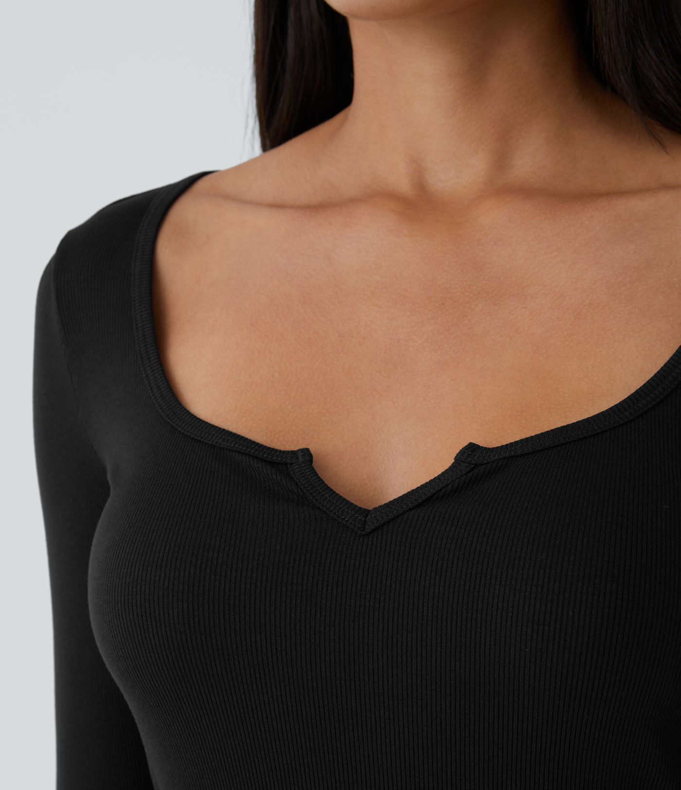 Ribbed Notched Scoop Neck Long Sleeve Slim Casual Top