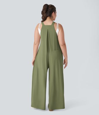 Adjustable Strap Button Multiple Pockets Waffle Casual Plus Size Dungarees