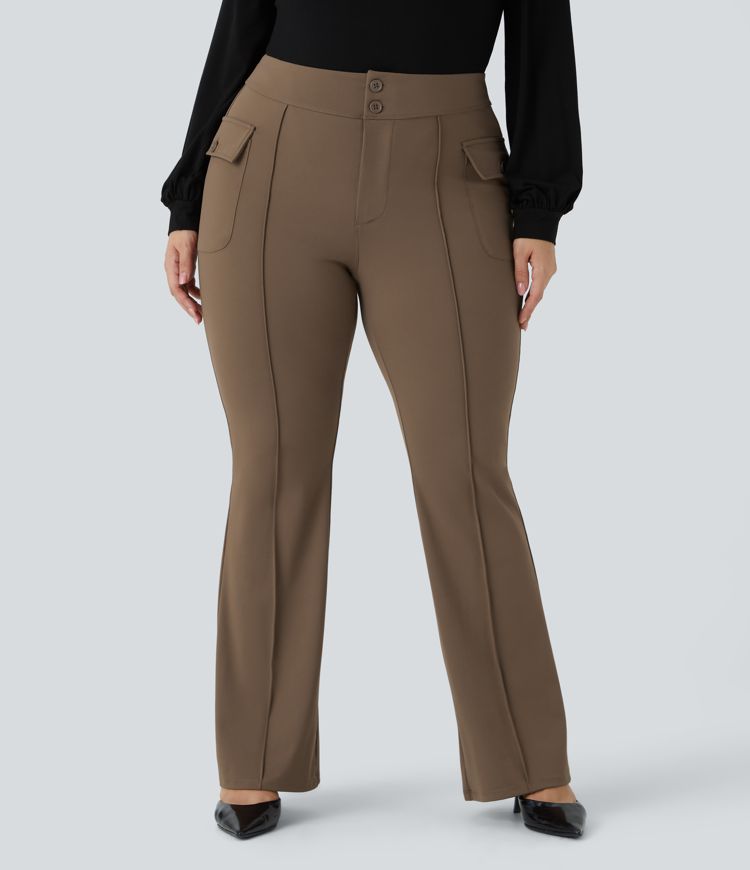 Pantalones cargo talla grande acampanado bolsillo solapa lateral botones tiro alto