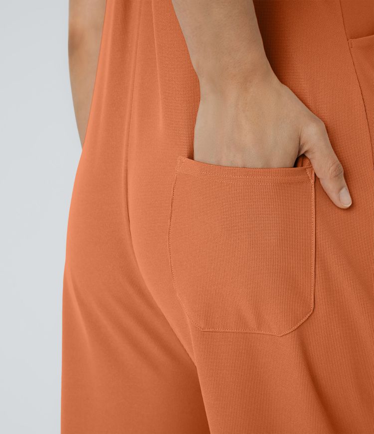 Salopette Décontractée Gaufrée Plissée Poches Multiples Avec Boutons Bretelles Réglables