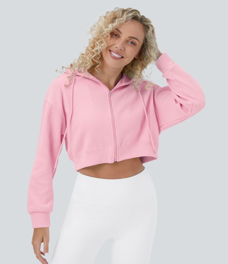 Waffle Hooded Drawstring Zipper Cropped Casual Cotton Sports Sweatshirt